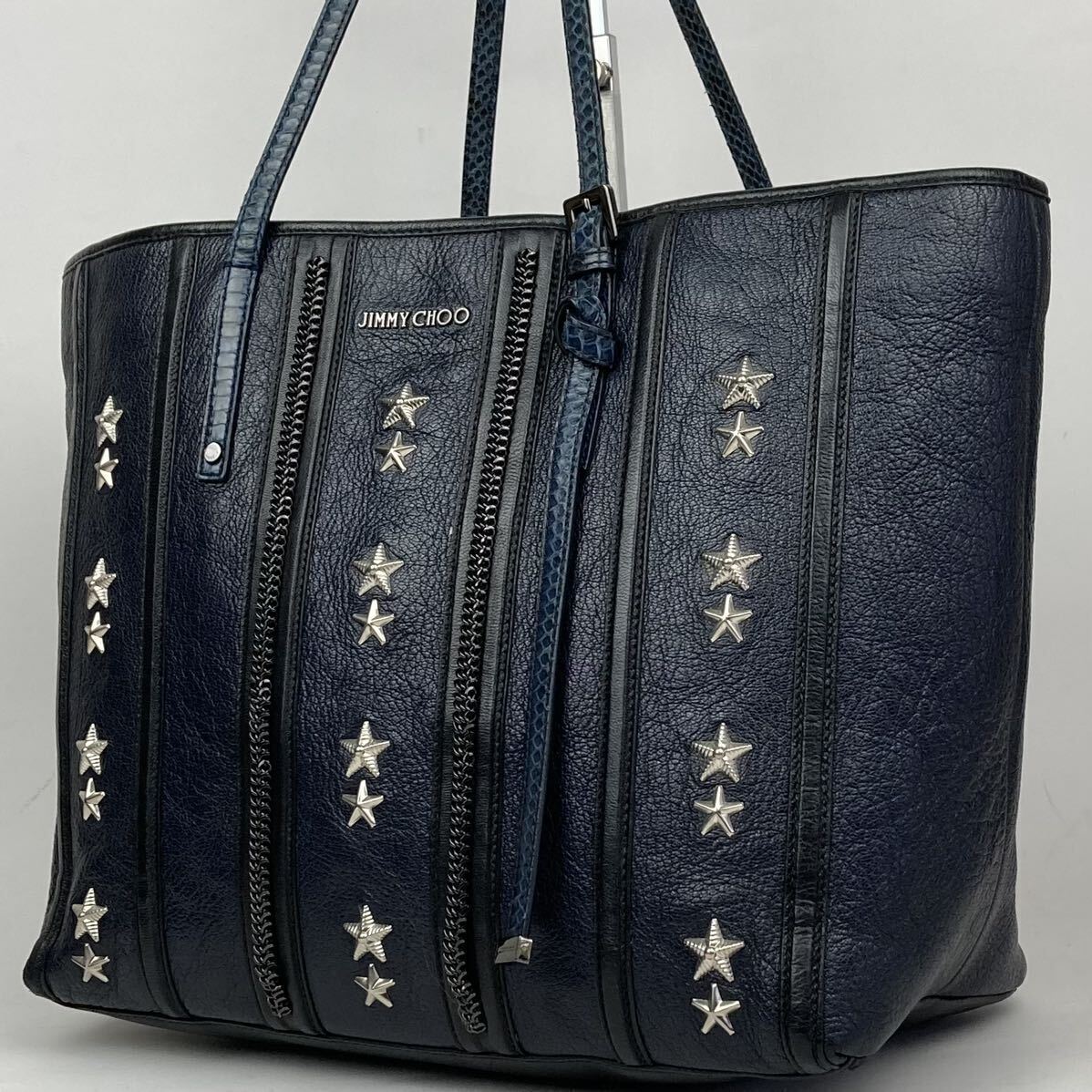 1円【極美品/A4】 JIMMY CHOO ジミーチュウ トートバッグ 肩掛け メンズ レディース ビジネス レザー 本革 パイソン スター チェーン