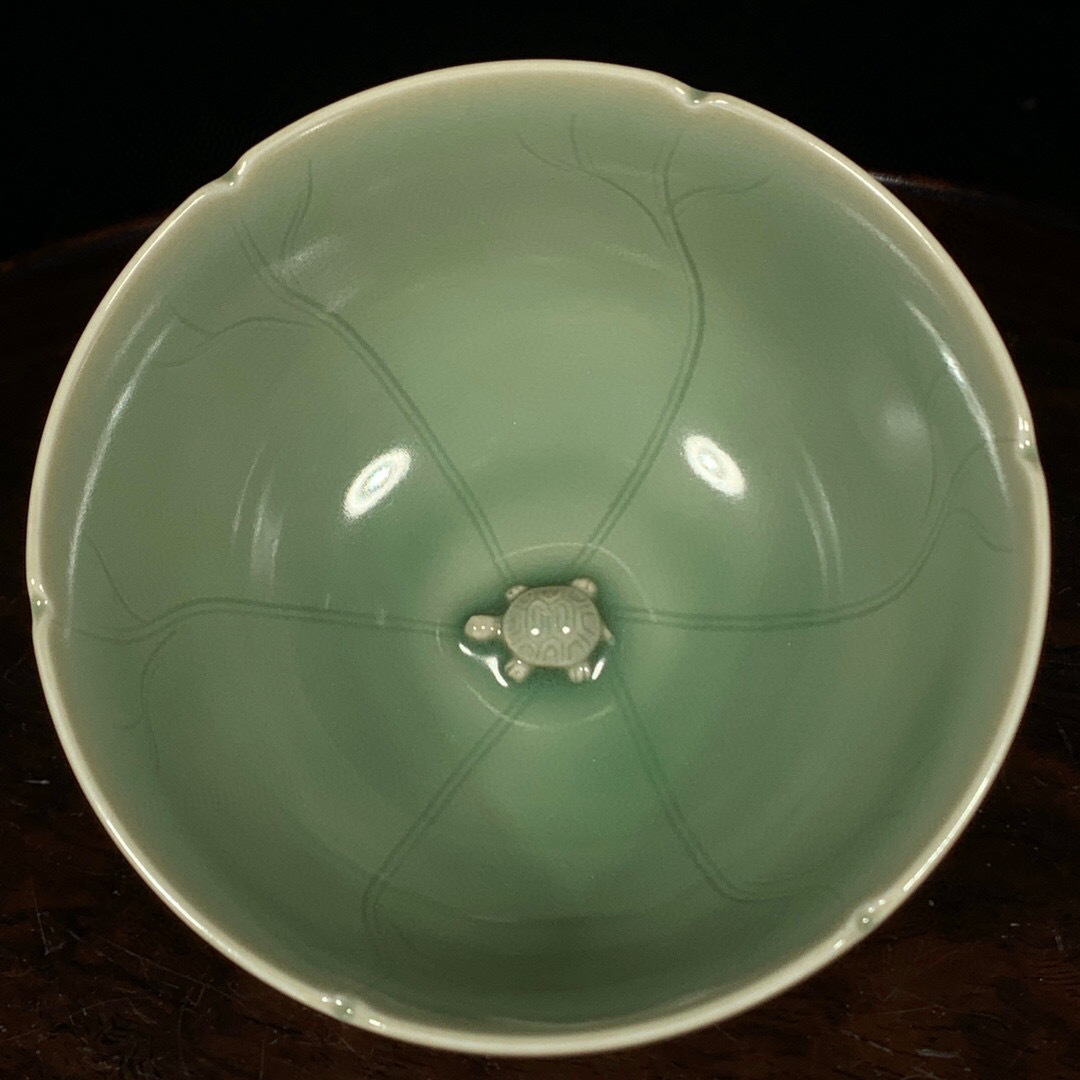 宋・古陶瓷品・龍泉窯・花紋・葵口碗』極細工 置物古賞物