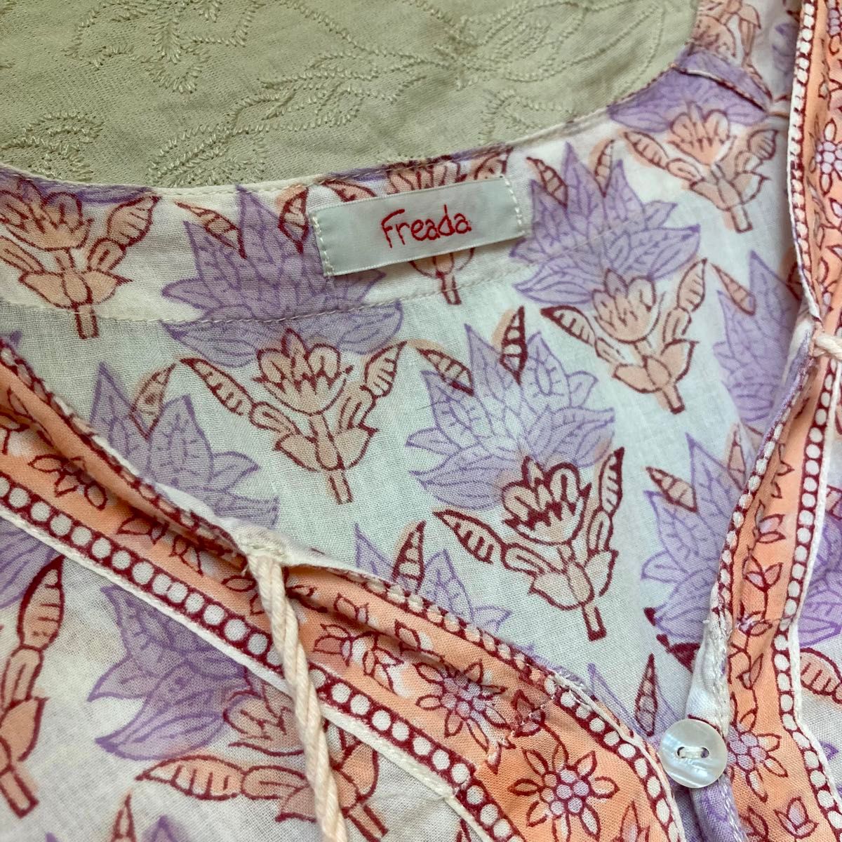 美品】Freada/フリーダ インド木版ワンピース ライトピンク 美品】Freada/フリーダ インド木版ワンピース ライトピンク