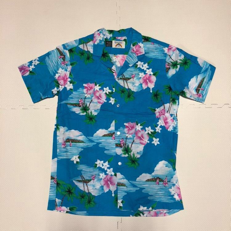 Tropical Essence トロピカルエッセンス ハワイ製 半袖シャツ アロハシャツ ガラシャツ M 水色 ヤシ 海_画像1