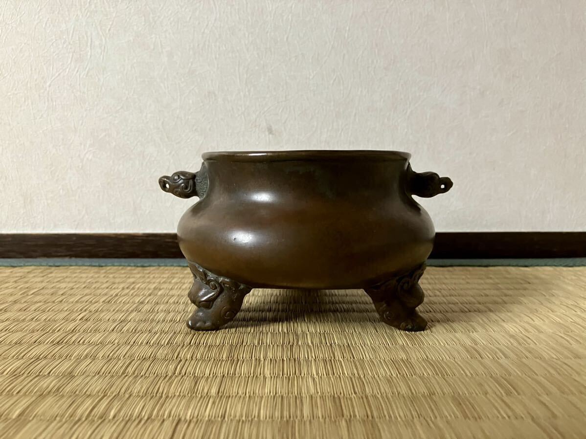 唐子三足霊香炉 銅製香炉 骨董品 茶道具 中国古美術 唐物 銅香炉 中国古玩 香道具 時代物 在銘 骨董 清時代 唐物 仏具