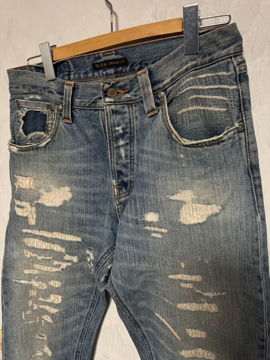 Nudie Jeans ダメージ リペア 鬼 ひげ セルビッチ (中古・古着 Nudie Jeans ダメージ リペア 鬼 ひげ セルビッチ (中古・古着
