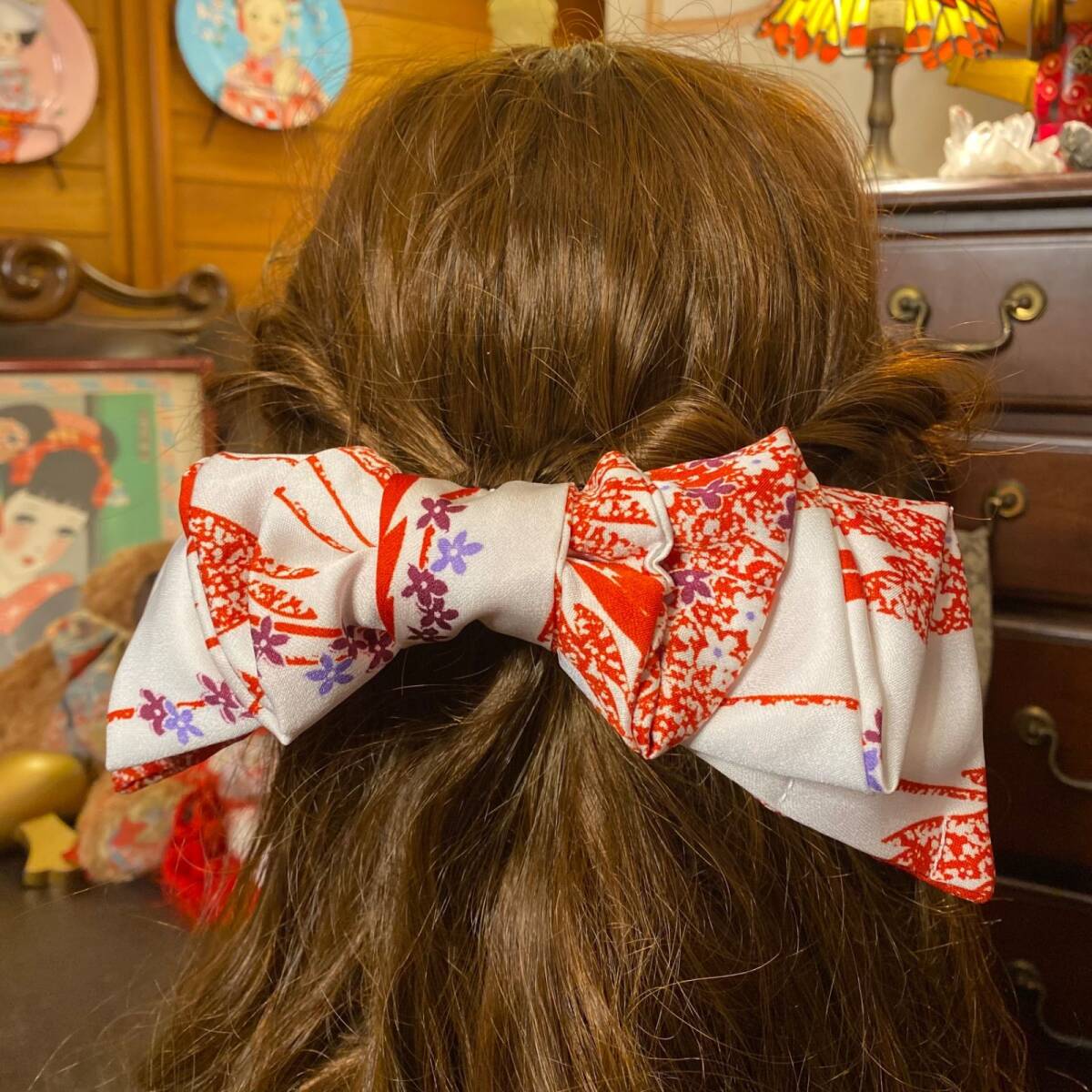 着物リメイク ハンドメイド ハイカラおりぼん ヘッドドレス ヘアコーム ヘアアクセサリー 和洋折衷 和ロリータ モダン 素敵な和柄 R-27