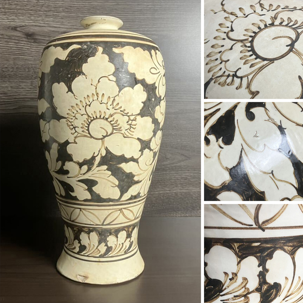 中国美術】 ☆ 瓷器 磁州窯牡丹紋梅瓶 ☆ 宋時代 白地黒花 中国美術】 ☆ 瓷器 磁州窯牡丹紋梅瓶 ☆ 宋時代 白地黒花