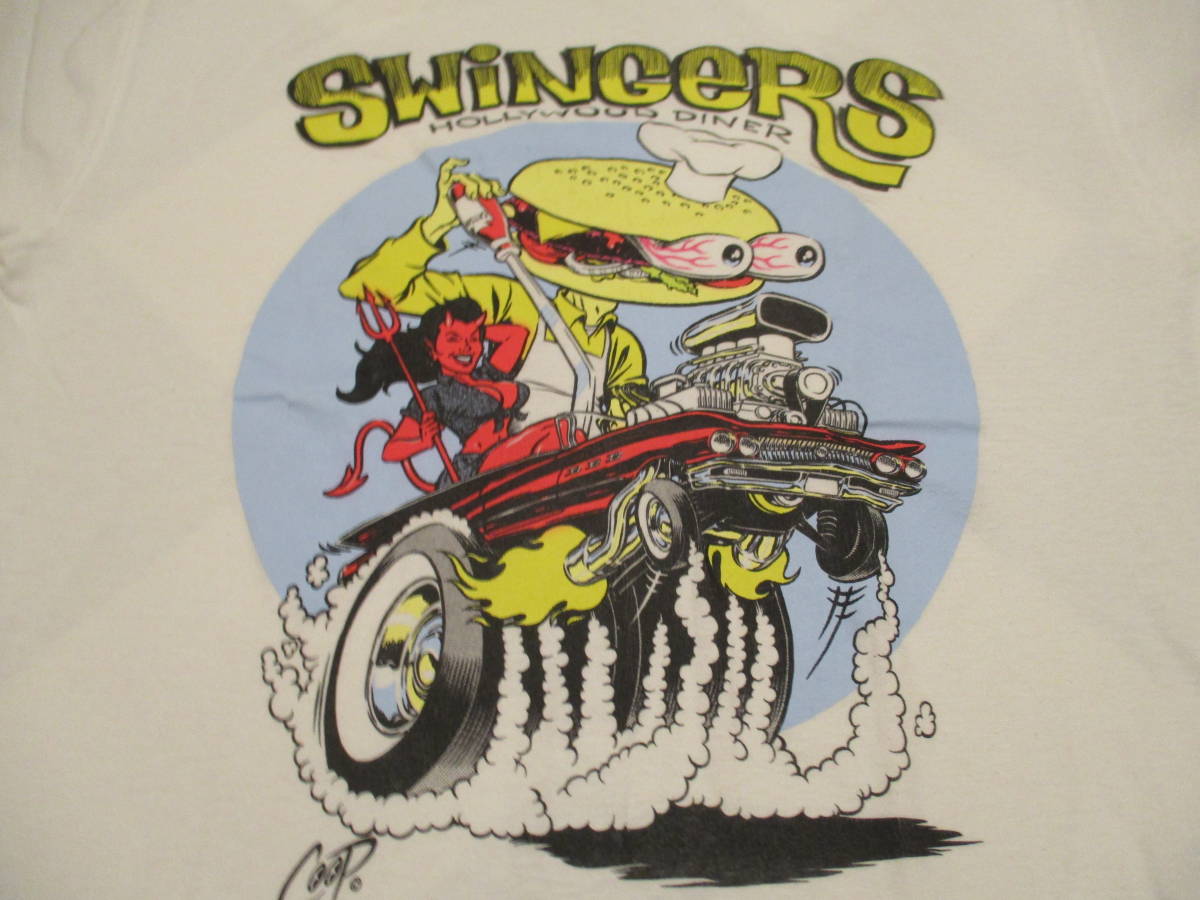 90's SWINGERS HOLLYWOOD DINER COOP ハンバーガー モンスター レッドデビル ホットロッド ビンテージ リンガー Tシャツ USA製 L_画像4