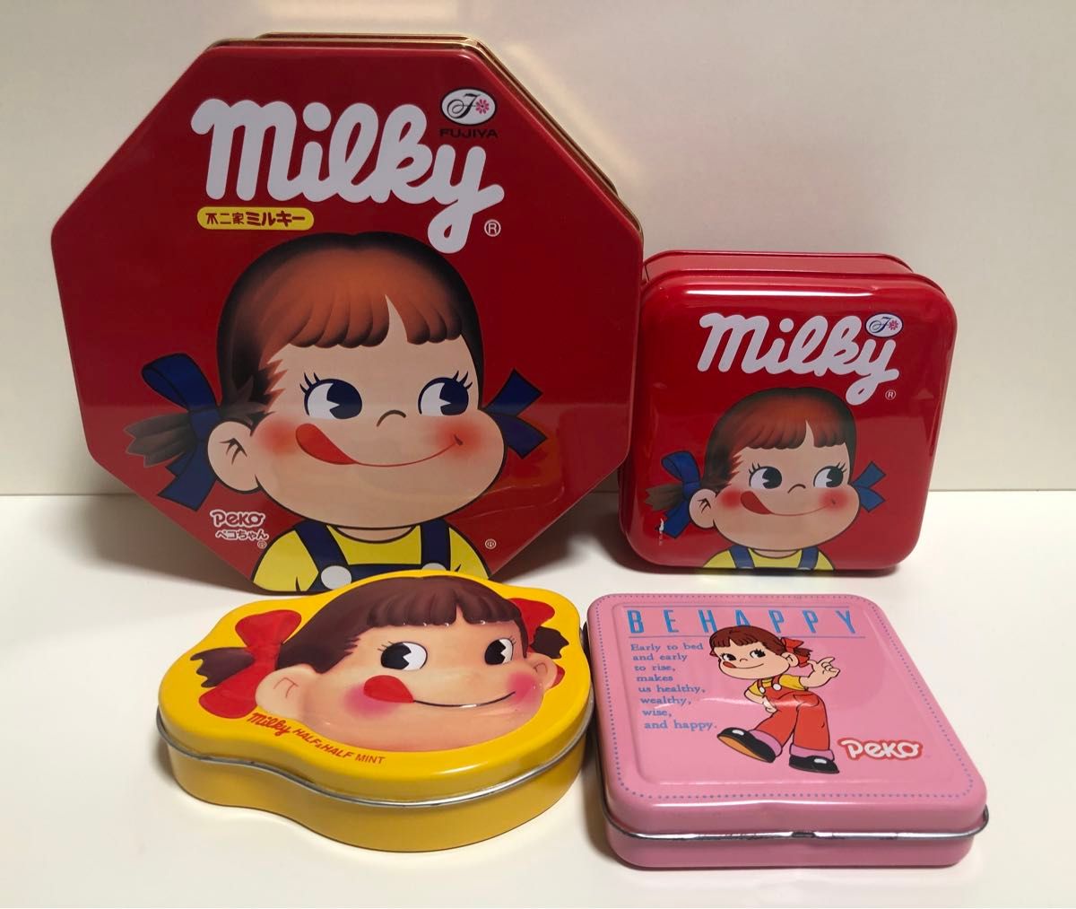 不二家ペコちゃん 空き缶とペコちゃん人形 色々 不二家 ペコちゃん空き缶4個セット レトロ|Yahoo!フリマ(旧