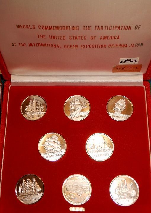  редкость прекрасный товар USA America мир. . большой . парусное судно 1975 год Япония Okinawa префектура международный море .. просмотр . море ..EXPO75 оригинальный серебряный серебряный bronze память медаль знак отличия 