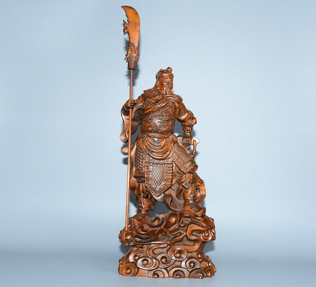 正式的 手彫り 関公 小葉黄楊木 清代 秘藏 置物 中国 稀少珍品 極細工 木工、竹工芸