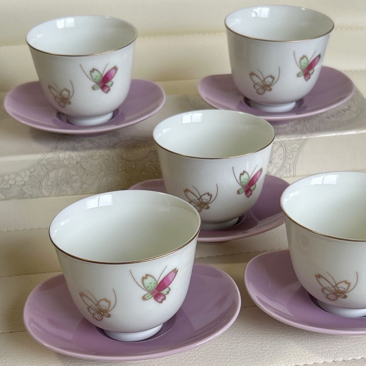 深川製磁 京 百合型茶托付仙茶碗揃 5客セット ピンク 湯呑み