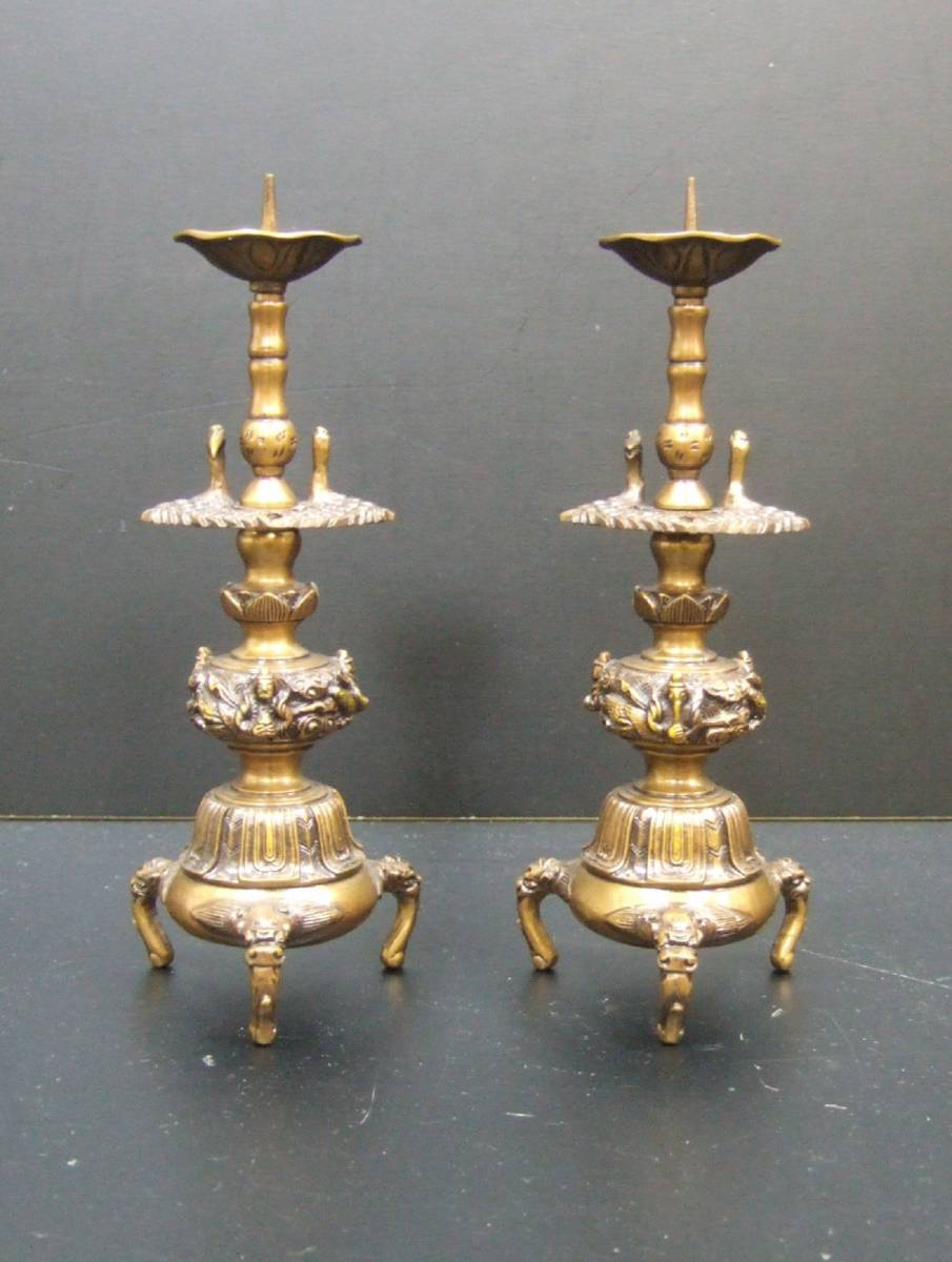 ◇【仏教美術・高岡銅器】光雲製菖蒲型五具足・獣摘蓋香炉・双鶴 ◇【仏教美術・高岡銅器】光雲製菖蒲型五具足・獣摘蓋香炉・双鶴