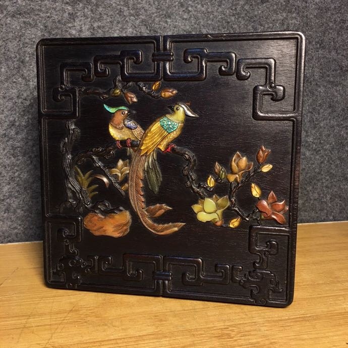 宅配便配送 旧藏 中国 清代 古紫檀木彫 嵌寶石 百寶箱 細密彫 時代物 賞物 木工、竹工芸