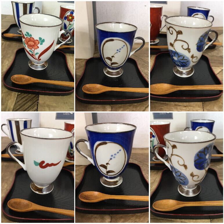 N ceramics kind 1]. Izumi SUISEN flour . overglaze enamels free cup .5 customer set cup & saucer Japanese-style tableware Western-style tableware coffee tea blue / red collection present condition 