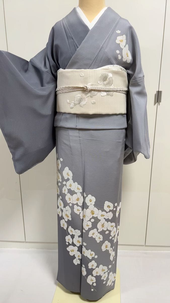 絽 ろ 夏物 訪問着 着物 お仕立て上り グレー 胡蝶蘭 ラン 白 お仕立て上り きもの 夏物 夏きもの なつ 夏用