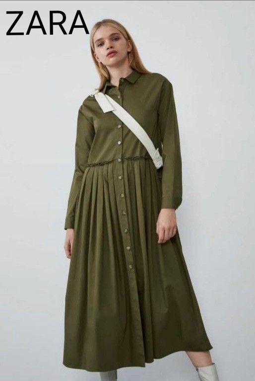 ZARA ザラ フレア ロングシャツワンピース M プリーツ カーキ ZARA ザラ フレア ロングシャツワンピース M プリーツ カーキ