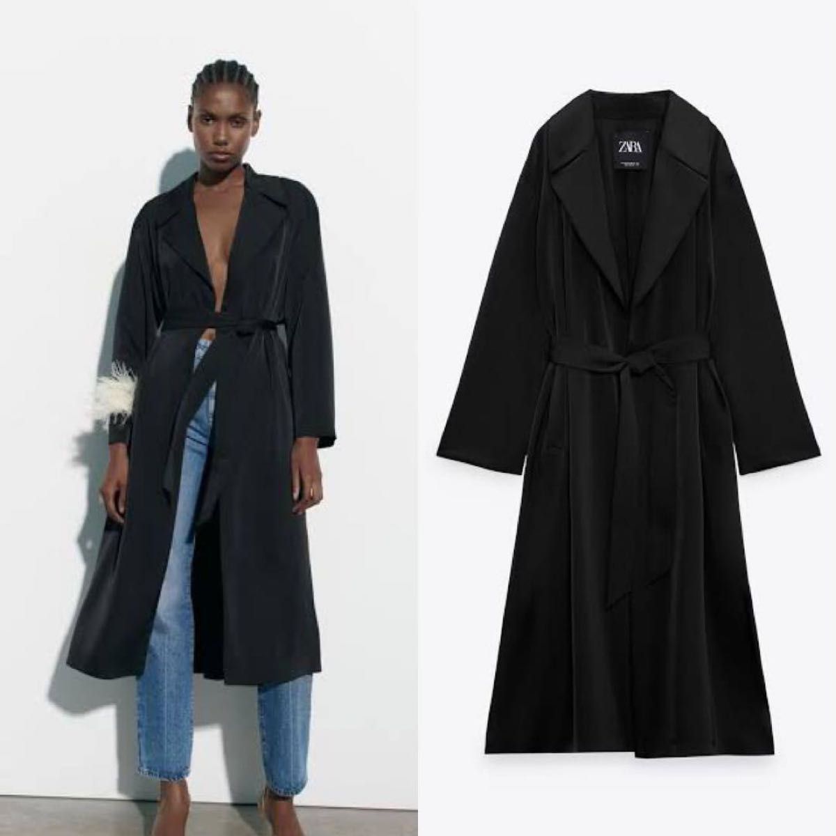ザラ ZARA サテン ロング トレンチコート 黒 ブラック 長袖 ザラ ZARA サテン ロング トレンチコート 黒 ブラック 長袖