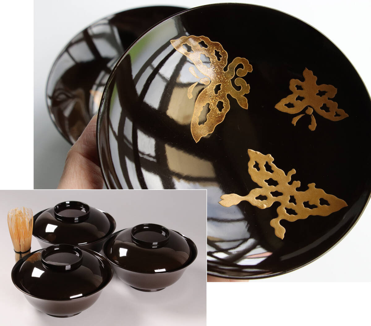 CK75 時代木製漆器 輪島塗 蝶金蒔絵 黒塗椀 三客 天然木 梨地 CK75 時代木製漆器 輪島塗 蝶金蒔絵 黒塗椀 三客 天然木 梨地