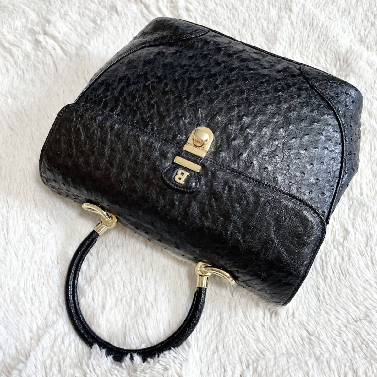 美品 BALLY バリー Bロゴ オーストリッチ ハンドバッグ ターン 美品 BALLY バリー Bロゴ オーストリッチ ハンドバッグ ターン