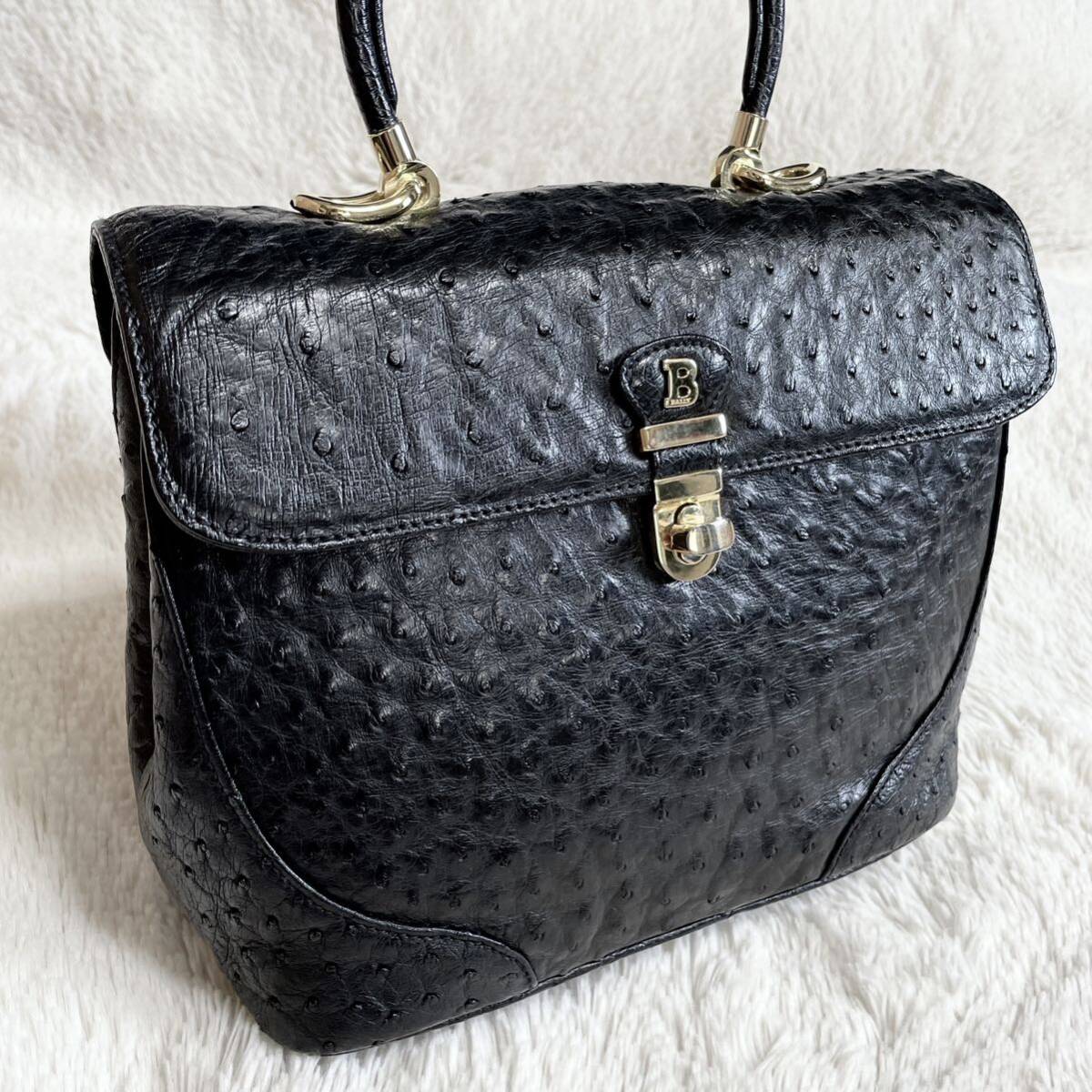 美品 BALLY バリー Bロゴ オーストリッチ ハンドバッグ ターン 美品 BALLY バリー Bロゴ オーストリッチ ハンドバッグ ターン