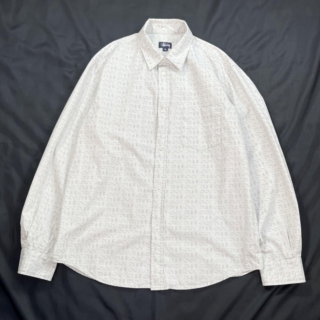 90s・USA製】ステューシー/STUSSY ロゴ総柄 長袖シャツ 紺タグ L 90s・USA製】ステューシー/STUSSY ロゴ総柄 長袖シャツ 紺タグ L