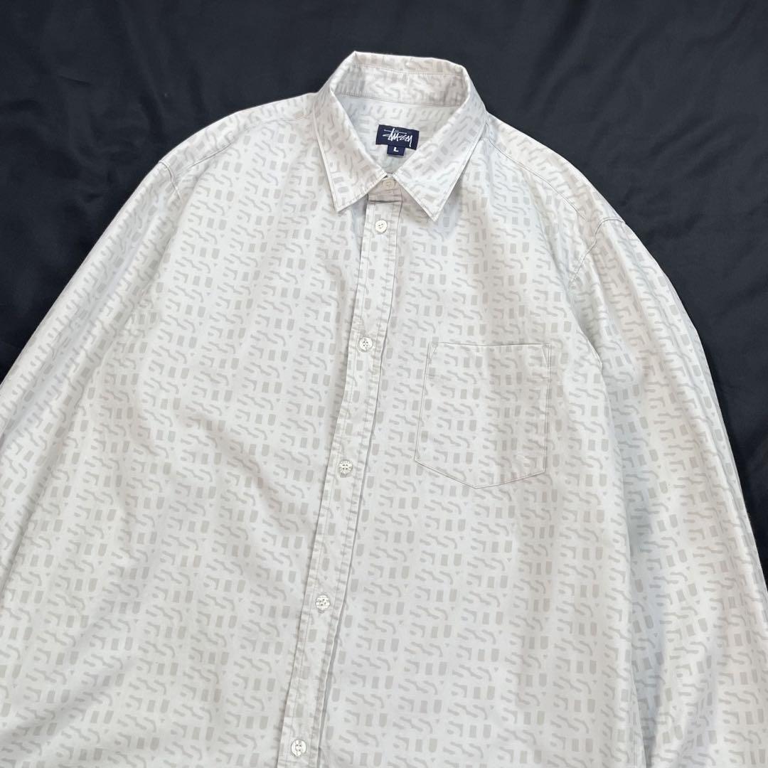 90s・USA製】ステューシー/STUSSY ロゴ総柄 長袖シャツ 紺タグ L 90s・USA製】ステューシー/STUSSY ロゴ総柄 長袖シャツ 紺タグ L