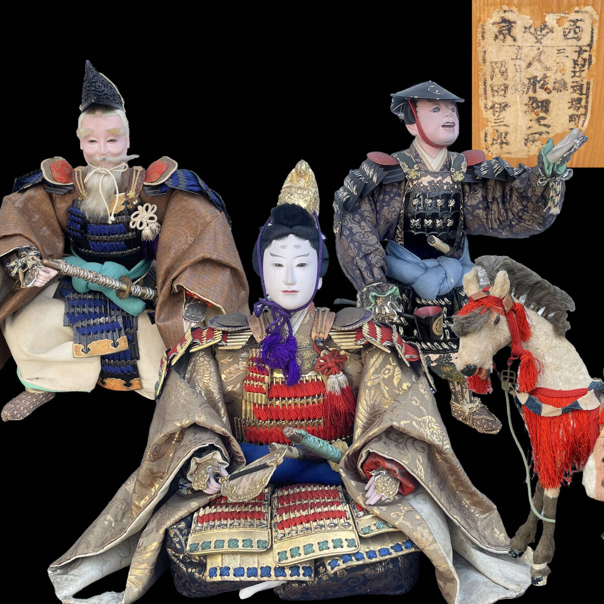 五月人形 応神天皇 京都の人形師 岡田伊三郎 明治期 飾馬 馬夫 五月人形 応神天皇 京都の人形師 岡田伊三郎 明治期 飾馬 馬夫