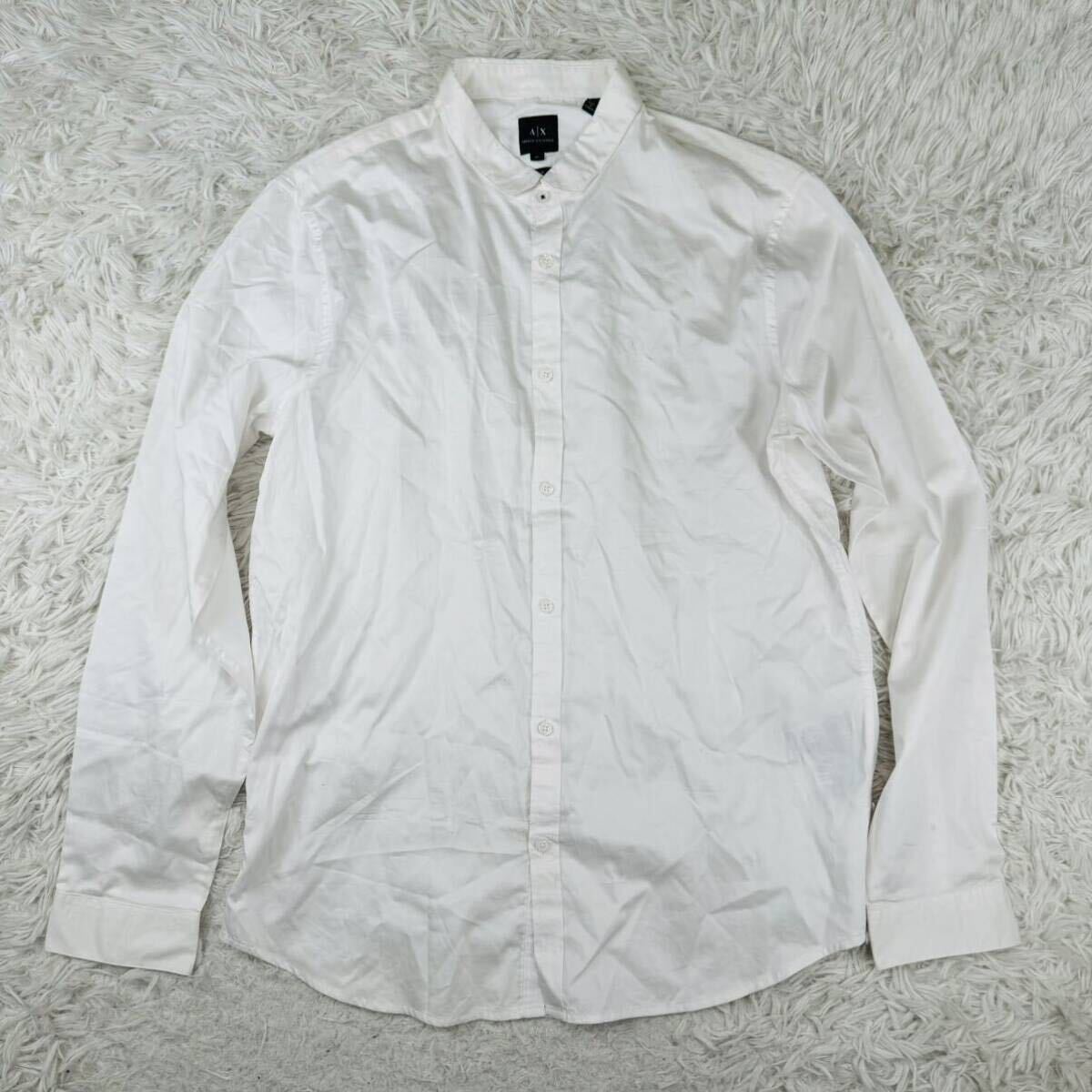 極美品【希少XL】圧巻の光沢感!!アルマーニエクスチェンジARMANI EXCHANGE長袖シャツドレスシャツロゴテープロゴ刺繍高級感バンドカラー白