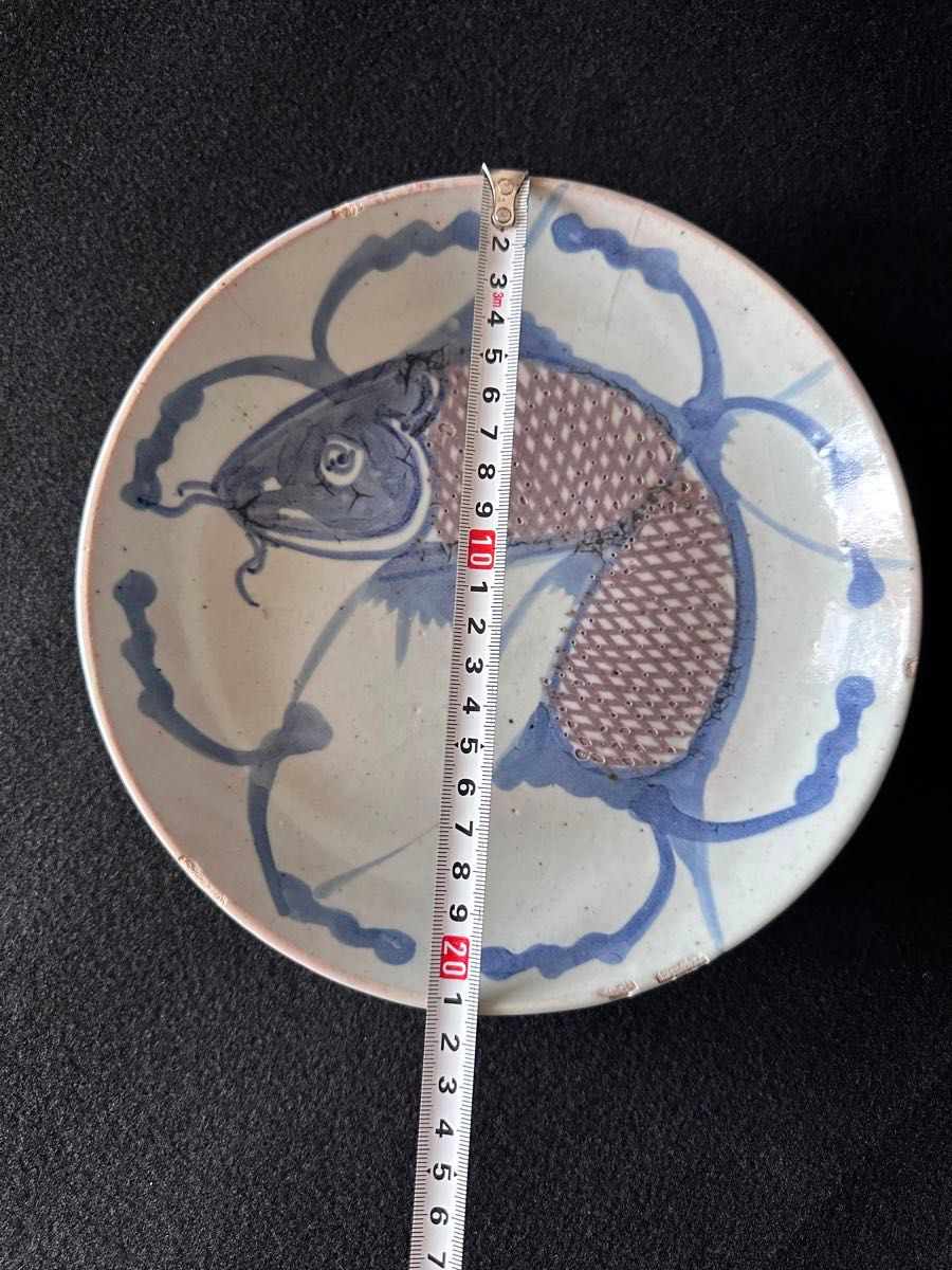 清朝期 南京赤絵 青華魚文皿 直径約21cm 古美術 中国美術 清時代③ 清朝期 南京赤絵青華魚文皿直径約21cm 古美術中国美術清時代③