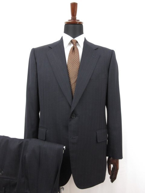 HH【TANABE＆SONS タナベアンドサンズ】 フィンテックス生地 2ボタン オーダースーツ (メンズ) size52~54相当 紺 ストライプ織 □28RMS9333