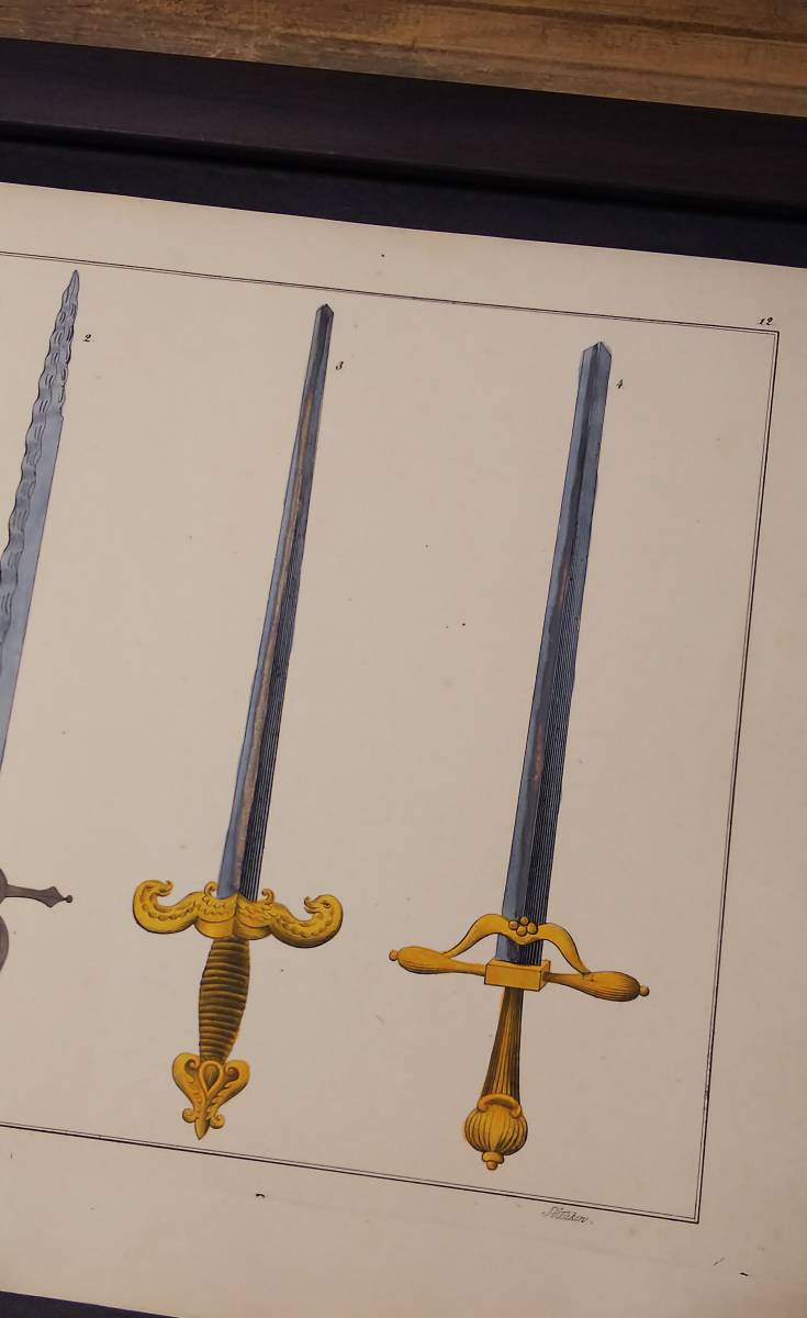 ドイツアンティーク 1842年 ヨーロッパ中世の騎士道と古代装甲の歴史の本から 剣の手彩色図版 騎士 武器 装備 フランベルク Flamberg 日本代購代bid第一推介 Funbid