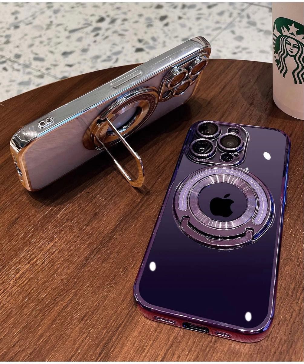 iPhone13 クリアケース iPhone13promaxカバー スタンド付き メッキ加工 MagSafe充電 レンズ保護