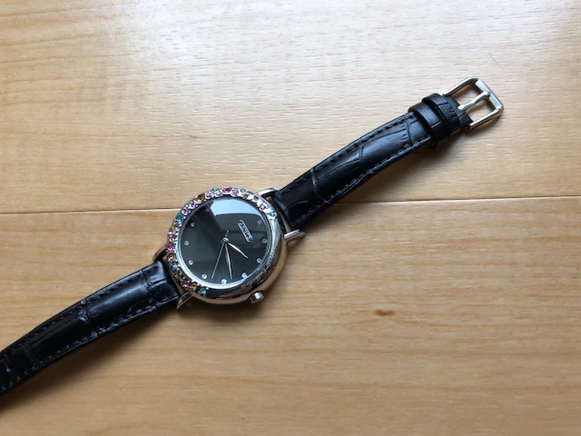 良品 良デザイン ABISTE アビステ シルバー×ブラック文字盤 ストーンモデル ブラック革ベルト クオーツ レディース 腕時計_画像1