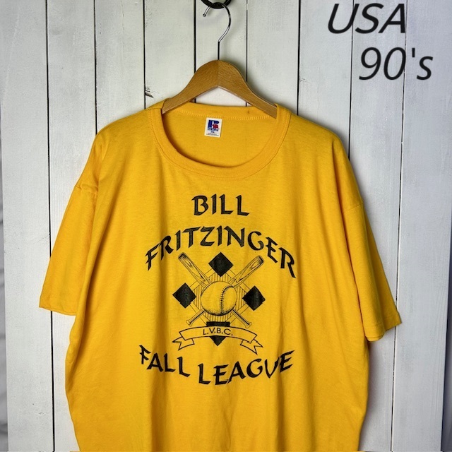 T●362 USA古着 90s USA製 バックナンバリング Tシャツ XXL 2XL 黄色 RUSSELL オールド ヴィンテージ アメリカ ラッセル シングルステッチ