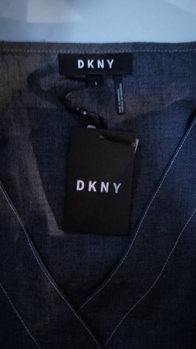 ダナキャラン　DKNY　ノースリーブブラウス　L　XL位　麻混　インディゴ_画像4