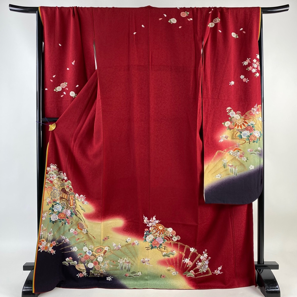  кимоно с длинными рукавами длина 173.5cm длина рукава 69cm L.. место машина . цветок вышивка золотая краска красный натуральный шелк прекрасный наименование товара товар [ б/у ]