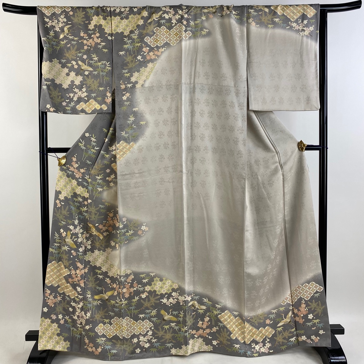 訪問着 身丈166cm 裄丈68cm L 袷 鶴 松竹梅 金糸 金彩 灰色 正絹 名品 【中古】
