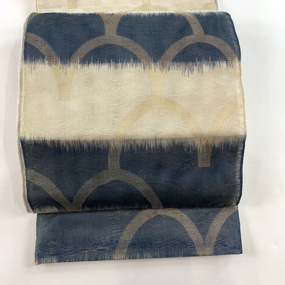 袋帯 美品 秀品 証紙 夏帯 横段 幾何学模様 箔 紺色 全通 正絹 【中古】