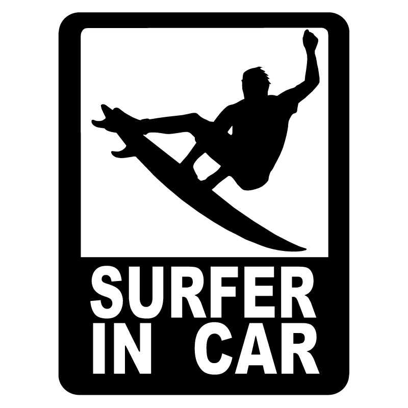 送料無料 オリジナル ステッカー SURFER in CAR ブラック サーファー イン カー アウトドア派に パロディステッカー_画像1