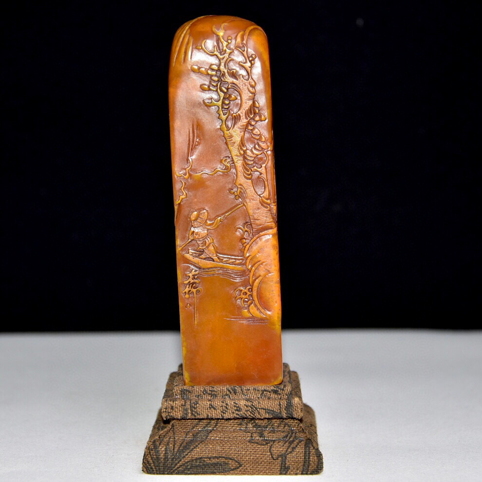 蔵友館蔵品・寿山石・田黄石・細密彫・松下老人紋印章・箱付】・希少 蔵友館蔵品・寿山石・田黄石・細密彫・松下老人紋印章・箱付】・希少