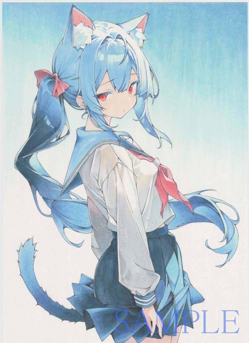 ☆オリジナル手描きイラスト☆猫耳少女セーラー服○女の子○美 ☆オリジナル手描きイラスト☆猫耳少女セーラー服○女の子○美