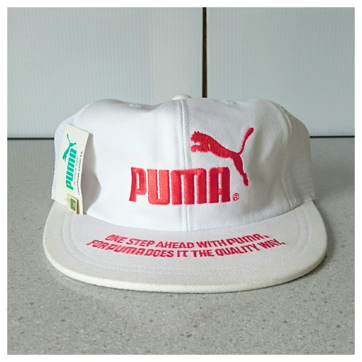 ☆激レア 70'S~80'S ★新品★PUMA プーマ デカロゴ 刺繍 デッドストック メッシュ キャップ 白 赤 サイズM 日本製