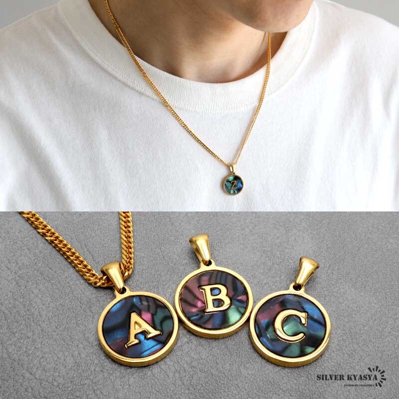 イニシャルネックレス ゴールド オーロラ ラウンド ステンレス 18KGP ダブル喜平 金属アレルギー対応 (W、50cm)