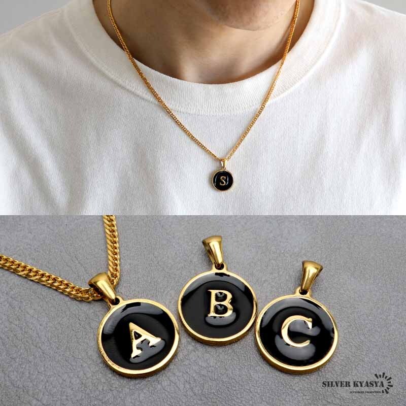 イニシャルネックレス ゴールド ブラック ラウンド ステンレス 18KGP ダブル喜平 金属アレルギー対応 (O、50cm)