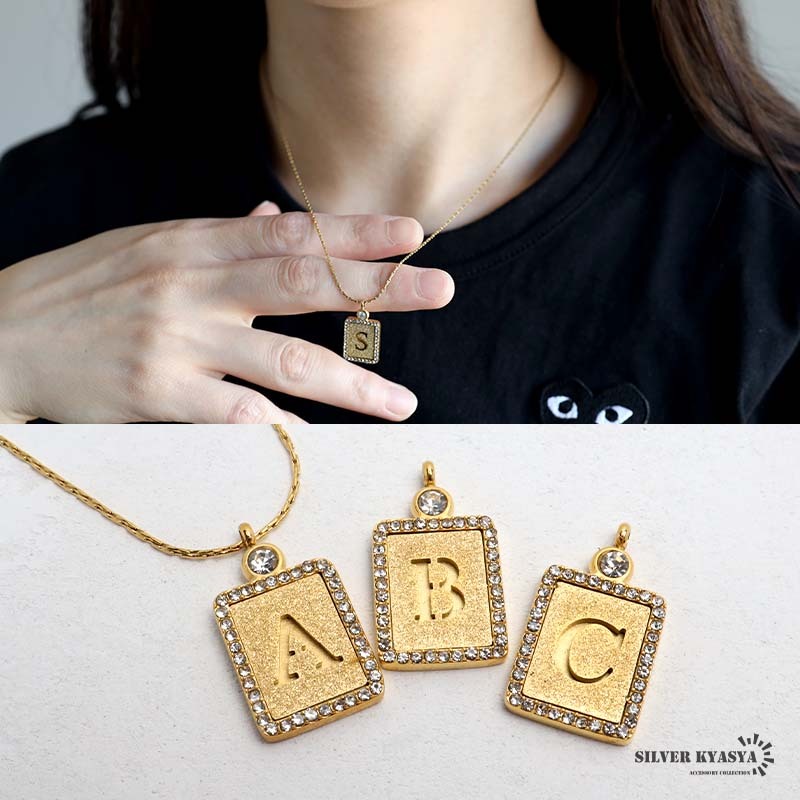 イニシャルネックレス ストーン ゴールド グリッター ステンレス 18KGP あずきチェーン 金属アレルギー対応 (T、45cm)