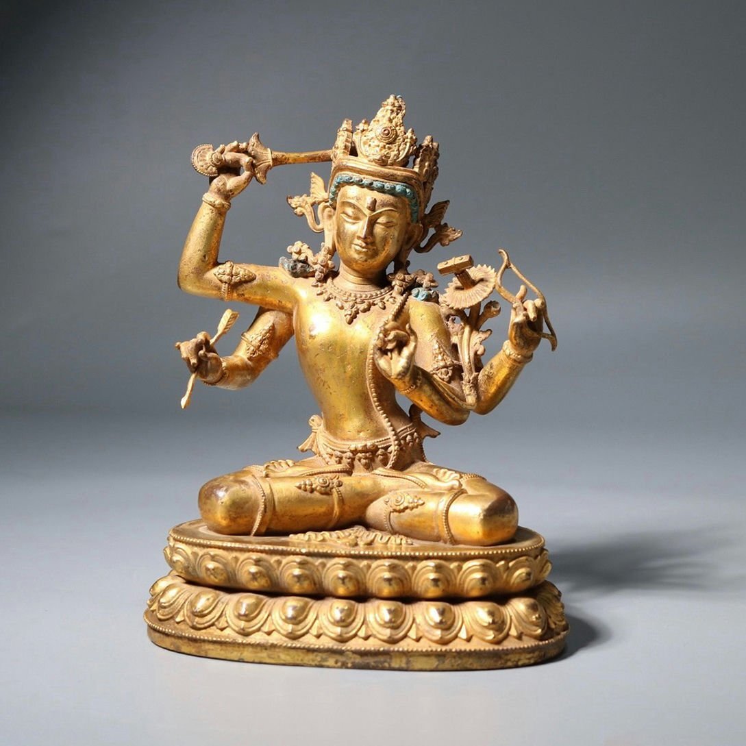 時代旧蔵チベット伝来銅造彫刻伝統仏教 古美術 銅塗金細密彫 仏師手作り寺院引取品 □観心・時代旧蔵□C912清時代 仏教古美術 チベット密教 銅
