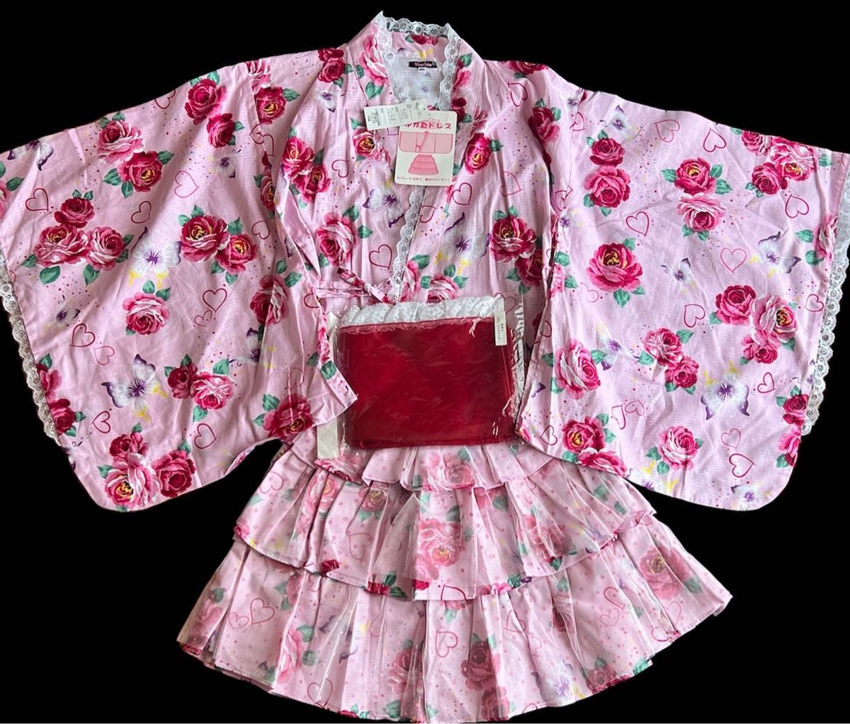 新品タグ付き 浴衣ドレス セパレート レース帯 薔薇 花柄 蝶々 新品タグ付き 浴衣ドレス セパレート レース帯 薔薇 花柄 蝶々