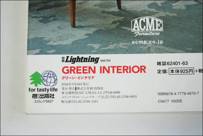 古本 Lightning vol.154 GREEN INTERIOR インテリア ライトニング 別冊 2016年発行 初版 USA 枻出版社 ヴィンテージ 古著 雑志 AE473