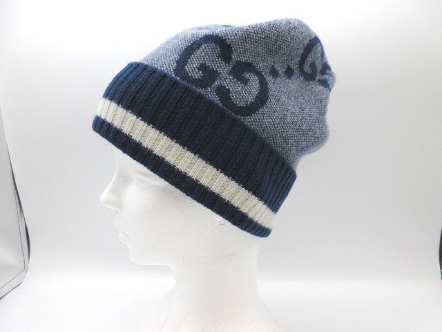 ☆GUCCI グッチ ビッグGG ジャンボGG GG柄 ネイビー系 カシミヤ？ タグ取れ訳有 ニットキャップ ニット帽 メンズ 帽子 中古☆