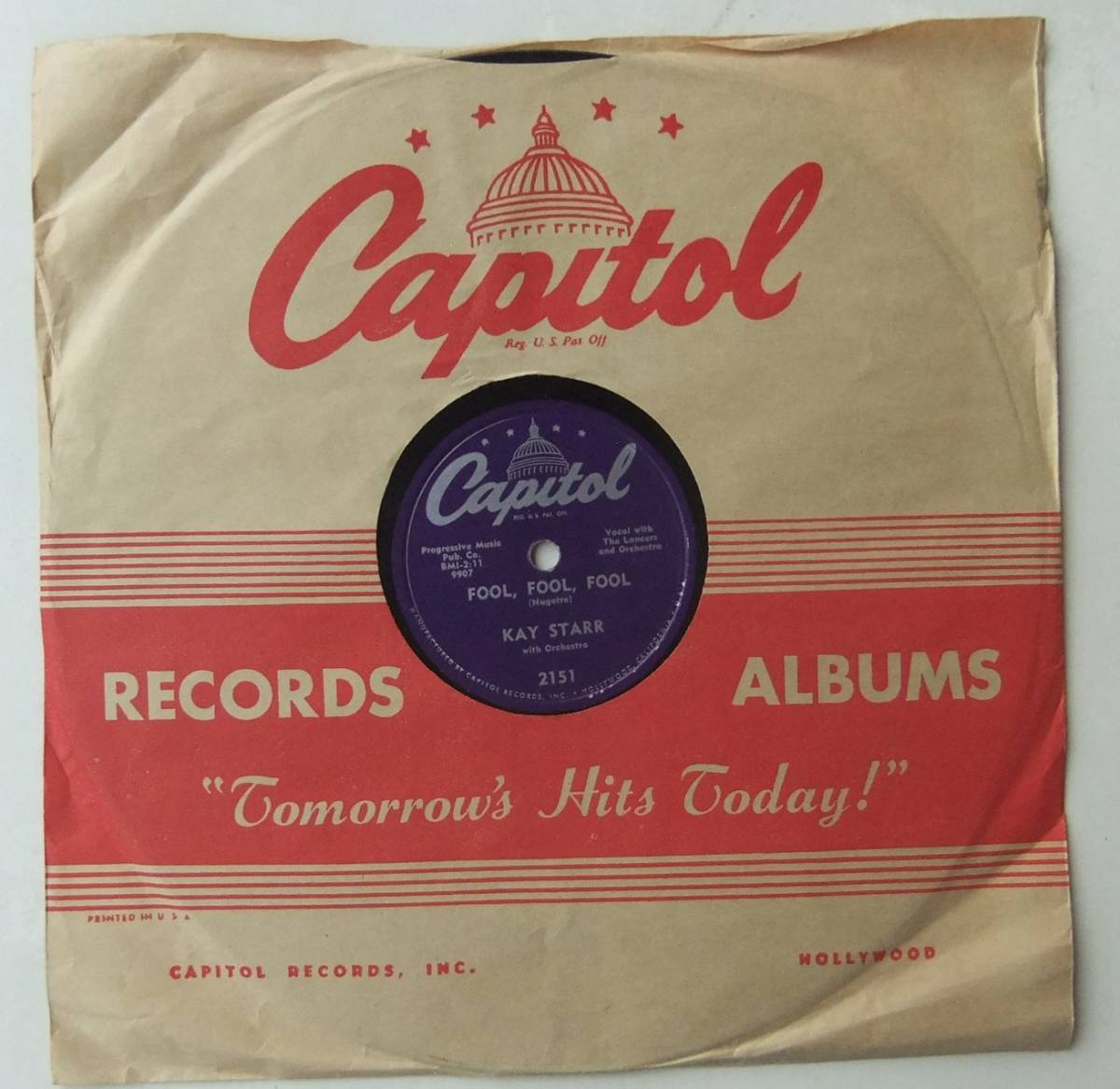 ◆ KAY STARR ◆ Fool, Fool, Fool / Kay ' s Lament ◆ Capitol 2151 (78rpm SP) ◆_画像1