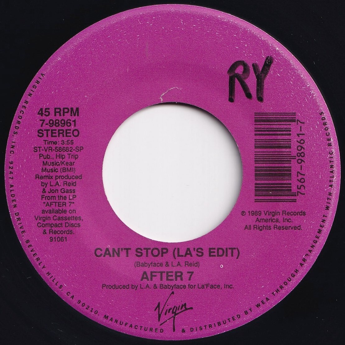After 7 Can't Stop (LA's Edit) / (Instrumental) Virgin US 7-98961 207245 HIP HOP R&B レコード 7インチ 45