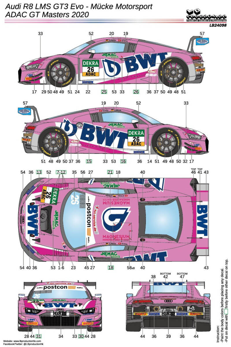 24098 1/24サイズ LB PRODUCTION 製シルクスクリーンデカール Audi R8 LMS GT3 Evo ADAC GT Master 2020